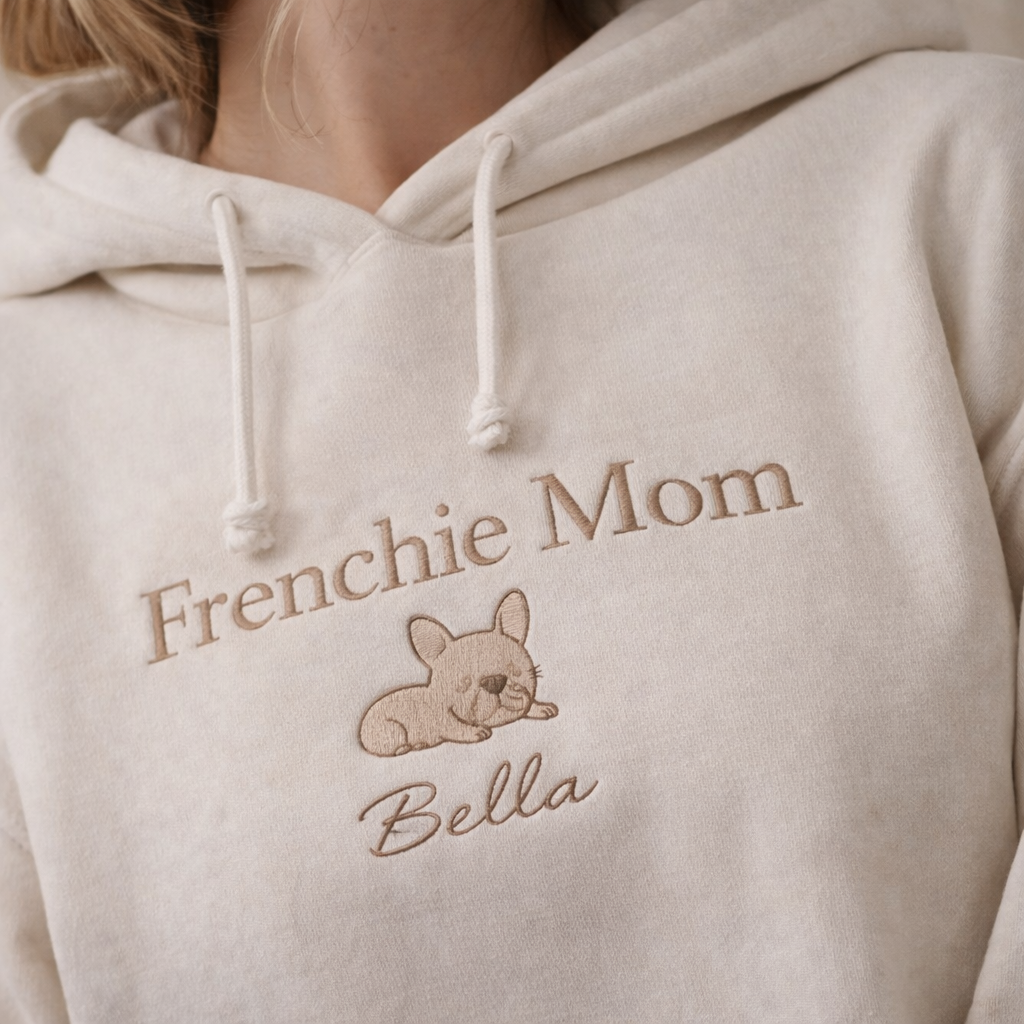 Custom Frenchie Mom Hoodie with dog name closeup embroidery