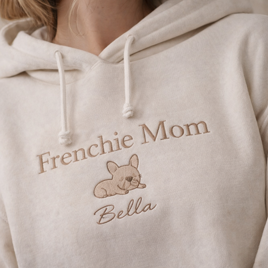Custom Frenchie Mom Hoodie with dog name closeup embroidery