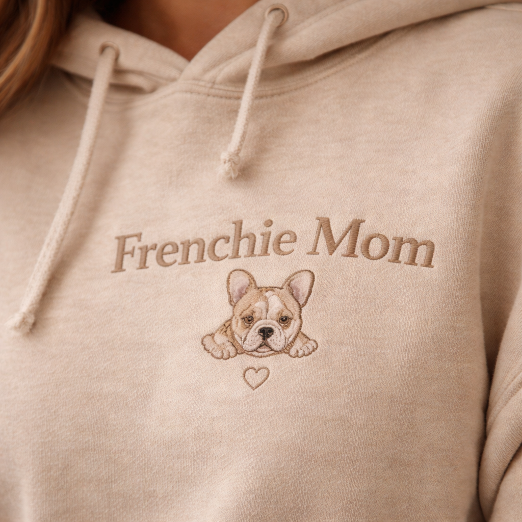 Embroidered Frenchie Mom Hoodie closeup on beige hoodie